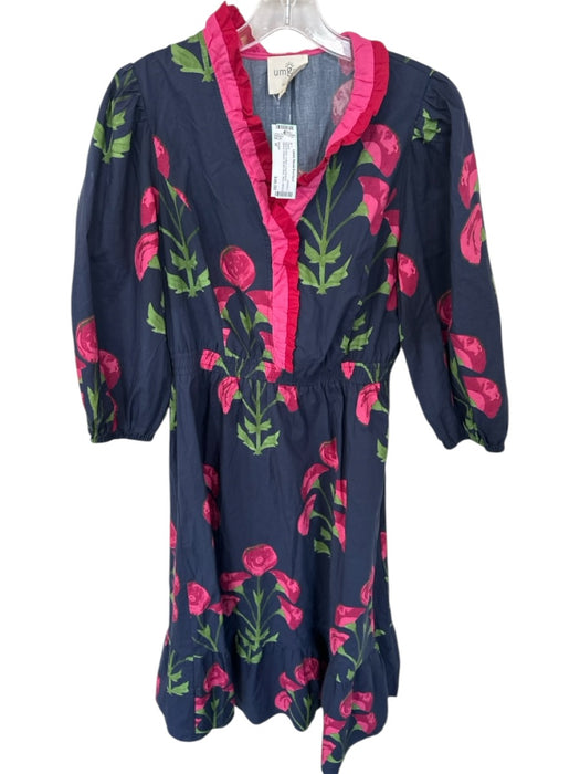 Umgee Size M Navy & Pink Cotton Long Balloon Sleeve Flowers Ruffle collar Dress Navy & Pink / M