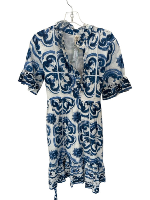 Uncle Frank Size XS White & Blue Cotton Short Sleeve Flowers Belted Dress White & Blue / XS