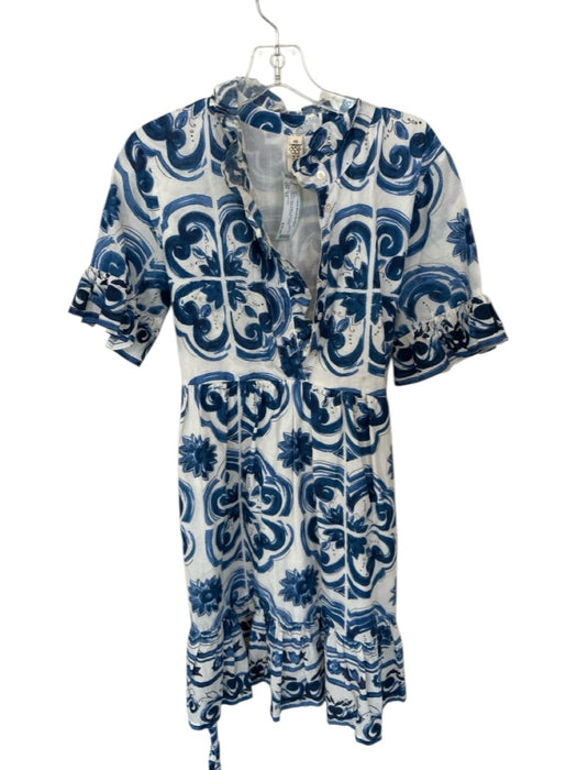 Uncle Frank Size XS White & Blue Cotton Short Sleeve Flowers Belted Dress White & Blue / XS