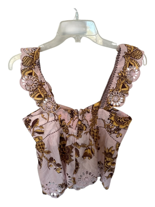 Farm Rio Size L Pink & Yellow Cotton Sleeveless Flowers Eyelet Detail Top Pink & Yellow / L