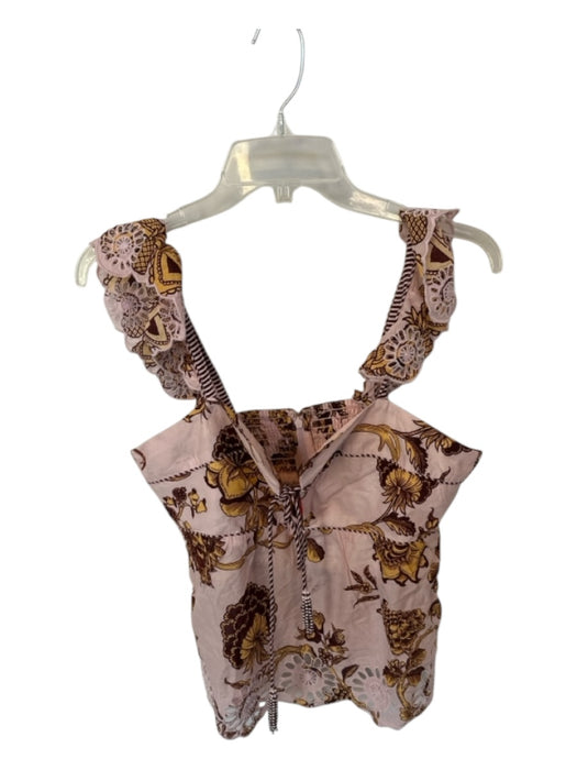 Farm Rio Size L Pink & Yellow Cotton Sleeveless Flowers Eyelet Detail Top Pink & Yellow / L
