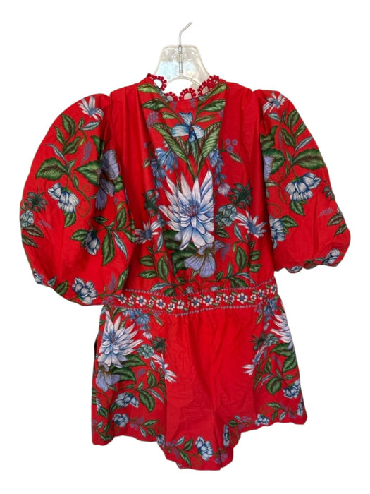 Farm Rio Size L Red & green Cotton Short Balloon Sleeve Botanical Belted Romper Red & green / L