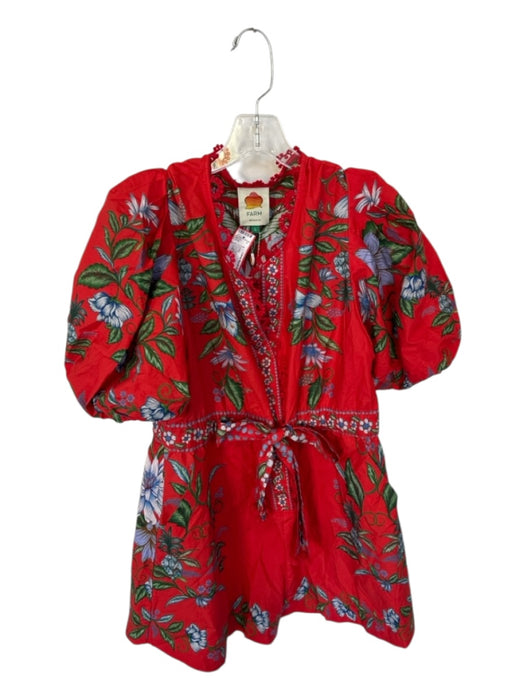 Farm Rio Size L Red & green Cotton Short Balloon Sleeve Botanical Belted Romper Red & green / L