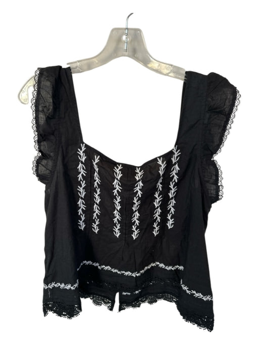 Maeve Size L Black & White Cotton Short Sleeve Lace Trim Embroidered Top Black & White / L