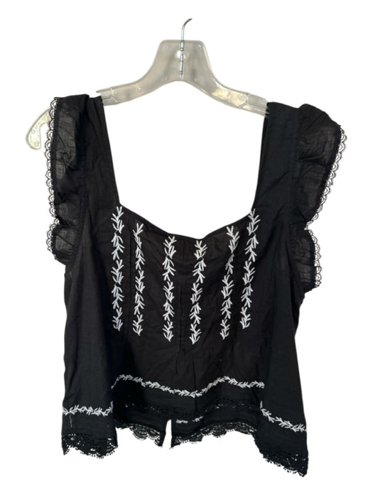 Maeve Size L Black & White Cotton Short Sleeve Lace Trim Embroidered Top Black & White / L