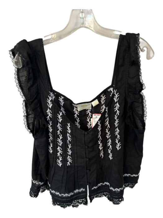 Maeve Size L Black & White Cotton Short Sleeve Lace Trim Embroidered Top Black & White / L
