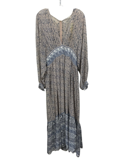 Ulla Johnson Size 6 Beige Pink & Blue Silk Floral Long Sleeve V Neck Dress Beige Pink & Blue / 6