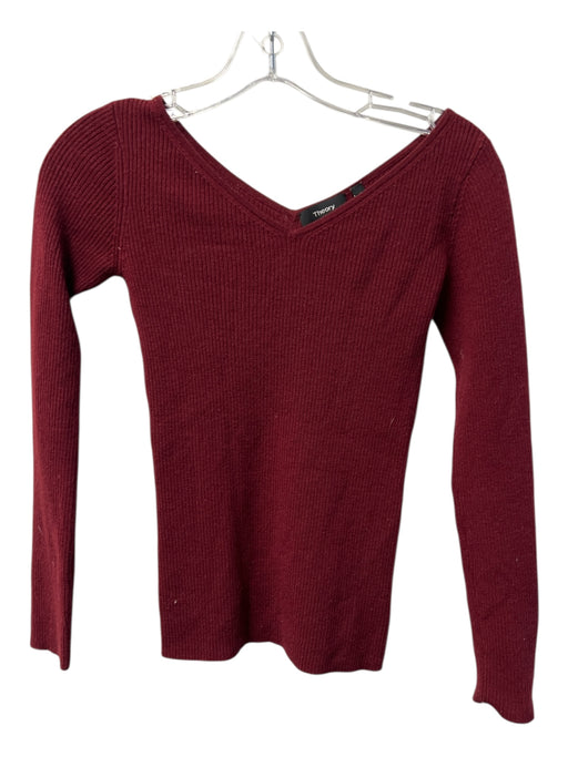 Theory Size P Cranberry Wool Blend Ribbed Wide Neck V Neck & Back Top Cranberry / P