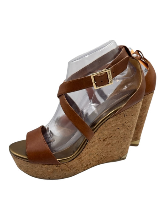 Jimmy Choo Shoe Size 40 Brown & Bronze Leather Upper Cork Criss Cross Wedges Brown & Bronze / 40
