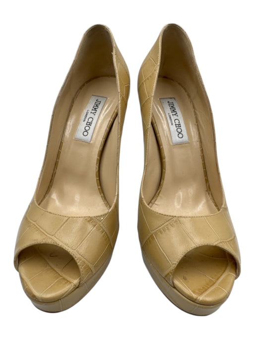 Jimmy Choo Shoe Size 39.5 Beige Leather Peep Toe Croc Embossed Platform Pumps Beige / 39.5