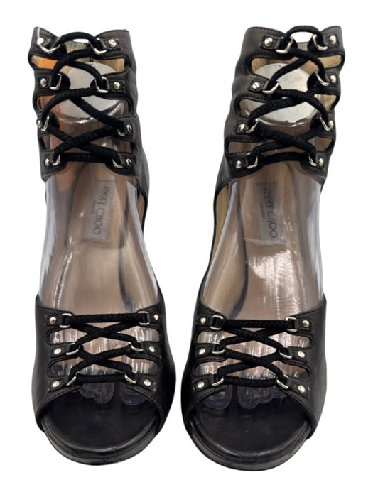 Jimmy Choo Shoe Size 40 Black Leather Lace Up Cut Out Back Zip Open Toe Pumps Black / 40