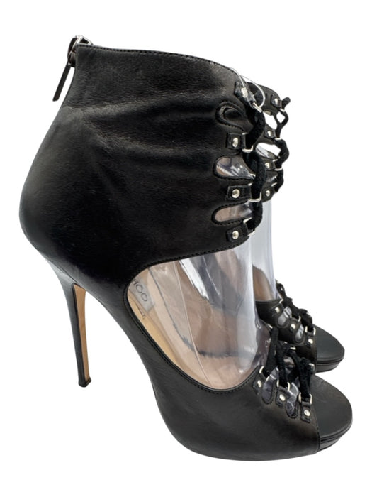 Jimmy Choo Shoe Size 40 Black Leather Lace Up Cut Out Back Zip Open Toe Pumps Black / 40