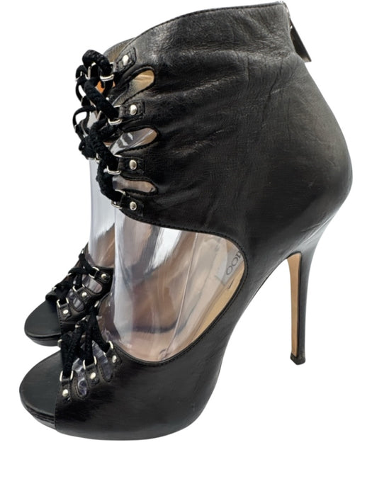 Jimmy Choo Shoe Size 40 Black Leather Lace Up Cut Out Back Zip Open Toe Pumps Black / 40