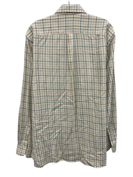 Alan Paine Size L Off White & Blue Cotton Grid Button Up Men's Long Sleeve Shirt Off White & Blue / L