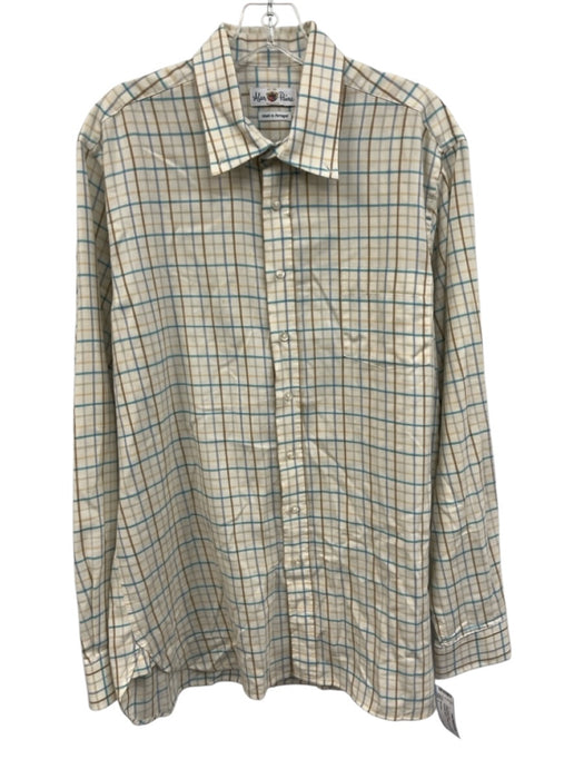 Alan Paine Size L Off White & Blue Cotton Grid Button Up Men's Long Sleeve Shirt Off White & Blue / L