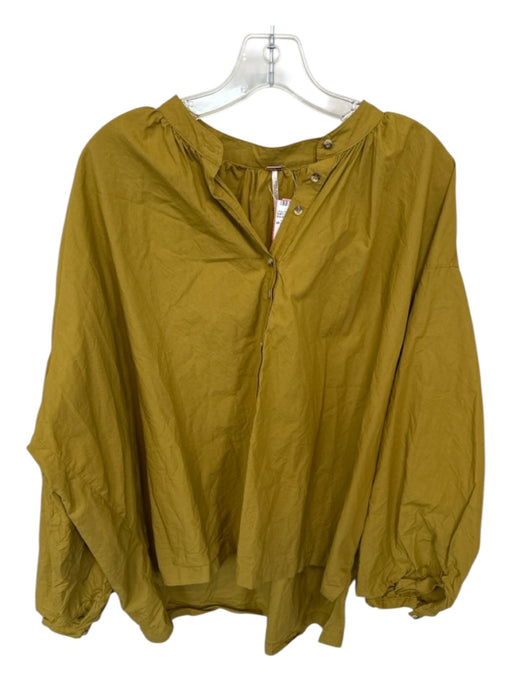 Free People Size S Mustard Cotton Long Balloon Sleeve Buttons Top Mustard / S