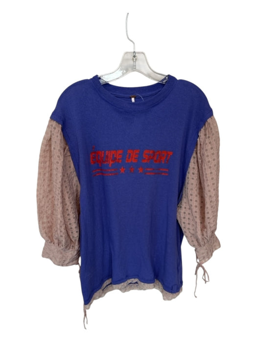 Free People Size S Purple & Blush Cotton Long Balloon Sleeve Checkered Top Purple & Blush / S