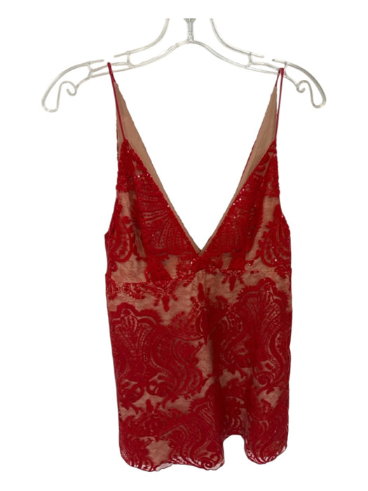 Free People Size 8 Red & Tan Polyester Blend Lace Overlay Spaghetti Strap Dress Red & Tan / 8