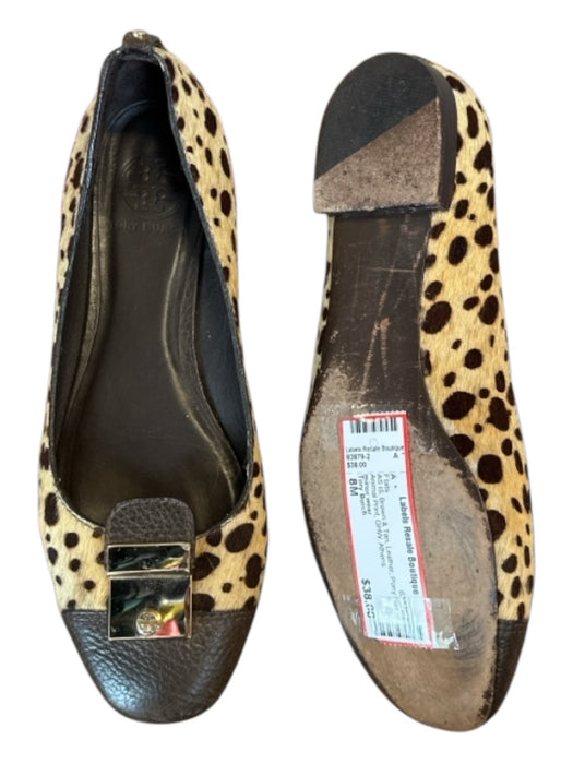 Tory Burch Shoe Size 8M Brown & Tan Leather Pony Hair Animal Print GHW Flats Brown & Tan / 8M
