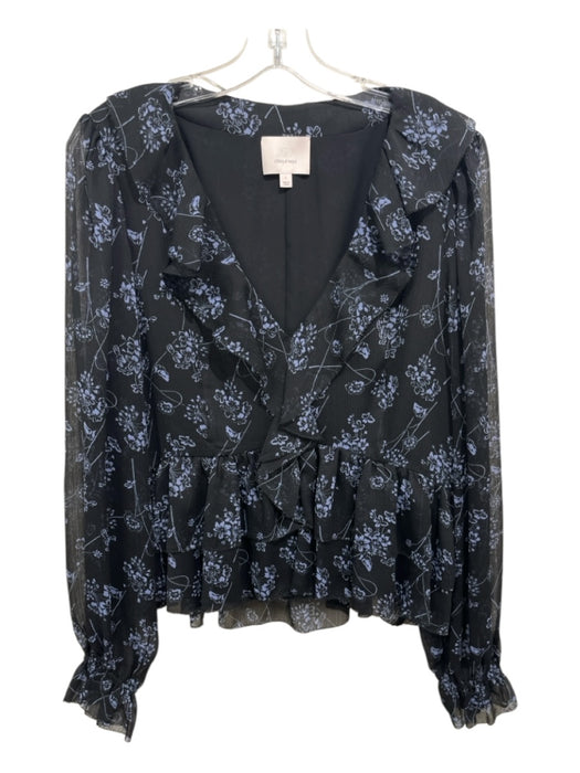 Cinq a Sept Size Large Black & Blue Polyester floral print Semi Sheer Top Black & Blue / Large