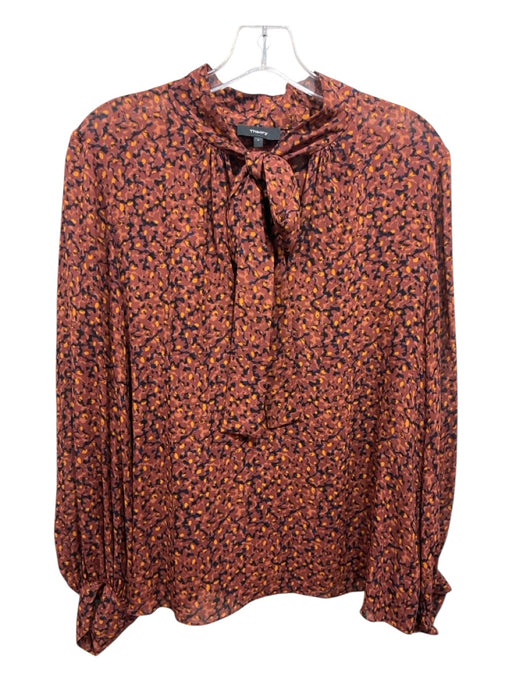 Theory Size Large Rust Orange & Blue Multi Silk Abstract Dots Semi Sheer Top Rust Orange & Blue Multi / Large