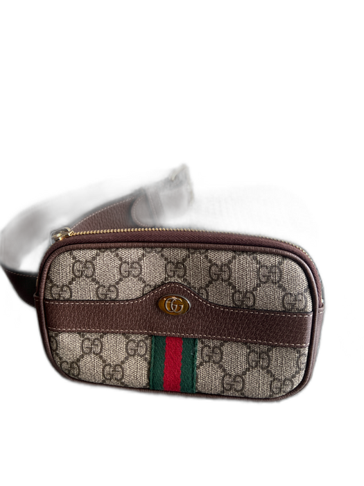 Gucci Tan Brown Coated Canvas Gold hardware Top Zip Logo Belt Bag Bag Tan Brown / Small