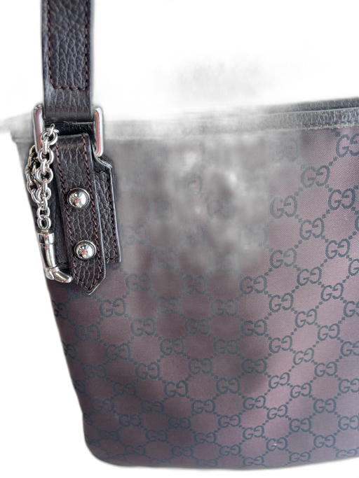 Gucci Brown & Black Canvas & Leather Messenger Silver Hardware Top Zip Bag Brown & Black / Small