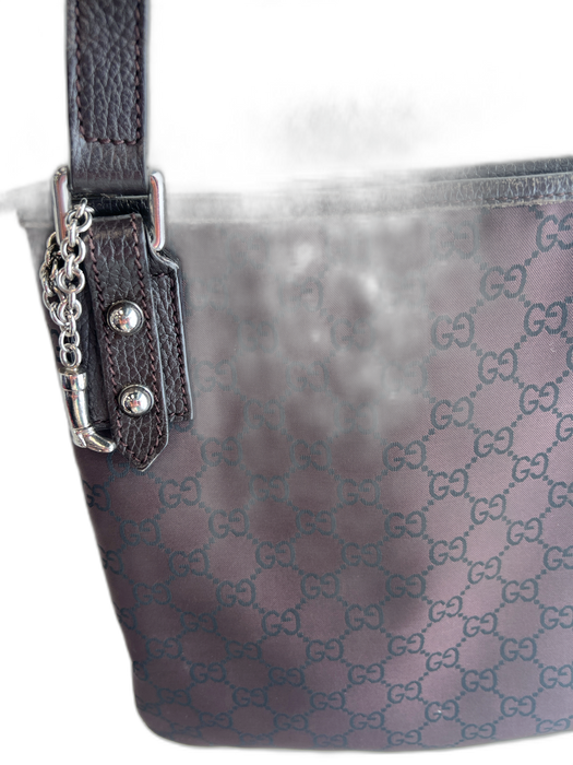 Gucci Brown & Black Canvas & Leather Messenger Silver Hardware Top Zip Bag Brown & Black / Small