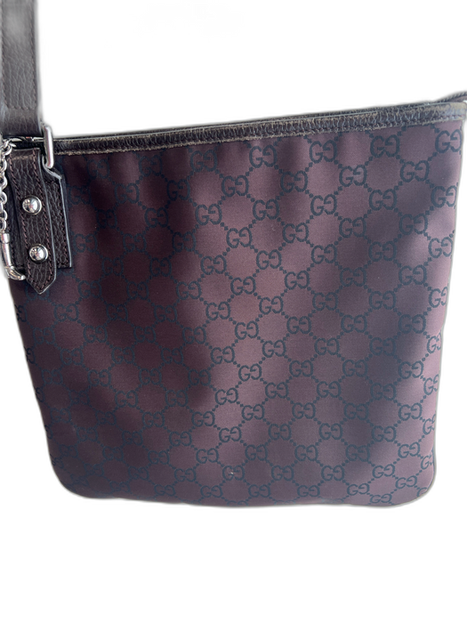 Gucci Brown & Black Canvas & Leather Messenger Silver Hardware Top Zip Bag Brown & Black / Small