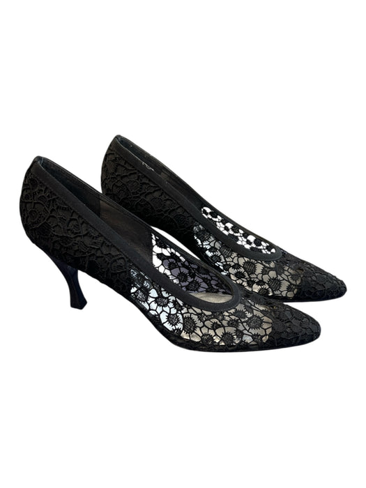 Stuart Weitzman Shoe Size est 6 Black Leather Lace Pointed Toe Kitten Heel Shoes Black / est 6