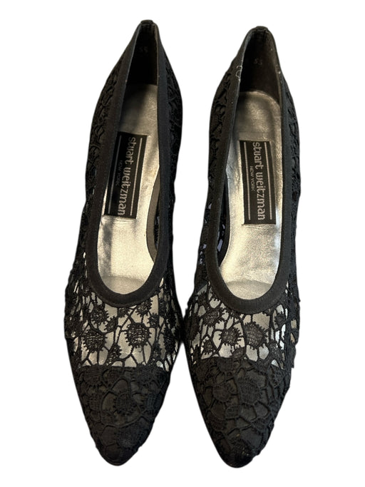 Stuart Weitzman Shoe Size est 6 Black Leather Lace Pointed Toe Kitten Heel Shoes Black / est 6