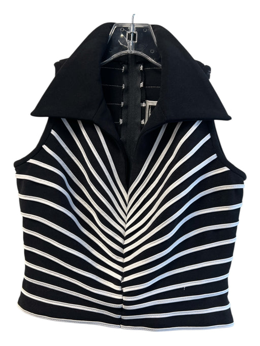Tadashi Size Petite Black & White Nylon Sleeveless Back Zip Striped Collar Top Black & White / Petite