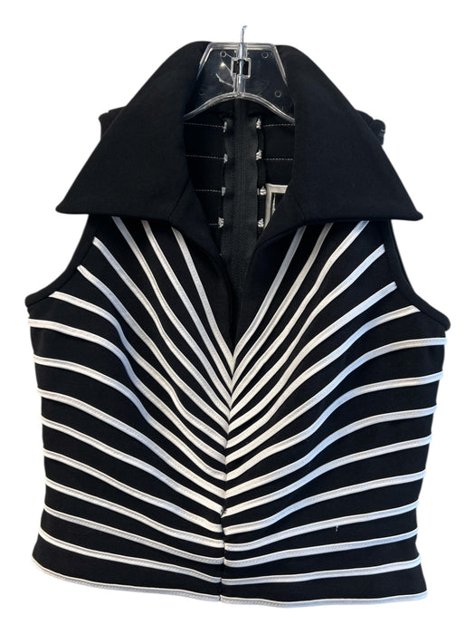 Tadashi Size Petite Black & White Nylon Sleeveless Back Zip Striped Collar Top Black & White / Petite