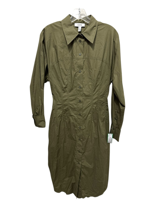 COS Size 6 Khaki Green Cotton Blend Long Sleeve Button Front Collar Midi Dress Khaki Green / 6