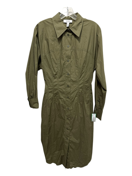 COS Size 6 Khaki Green Cotton Blend Long Sleeve Button Front Collar Midi Dress Khaki Green / 6