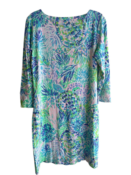 Lilly Pulitzer Size M Blue & Multi Rayon & Spandex Gold Buttons Boat Neck Dress Blue & Multi / M