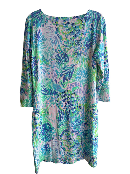 Lilly Pulitzer Size M Blue & Multi Rayon & Spandex Gold Buttons Boat Neck Dress Blue & Multi / M