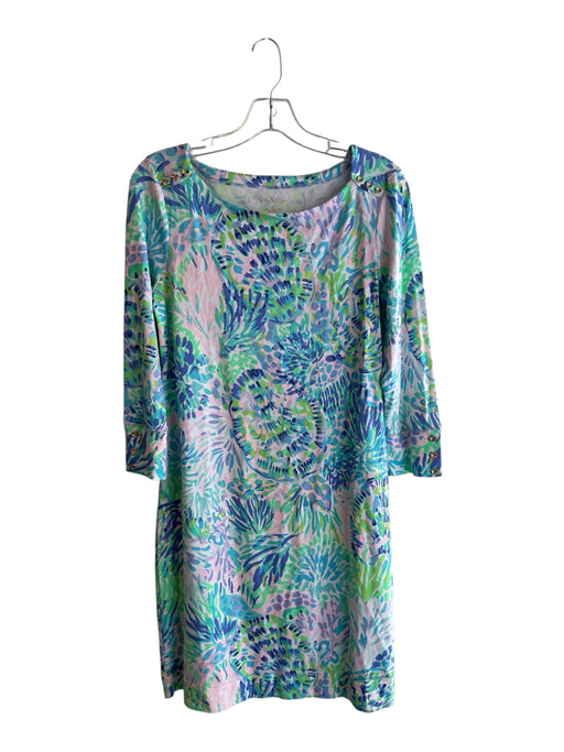 Lilly Pulitzer Size M Blue & Multi Rayon & Spandex Gold Buttons Boat Neck Dress Blue & Multi / M