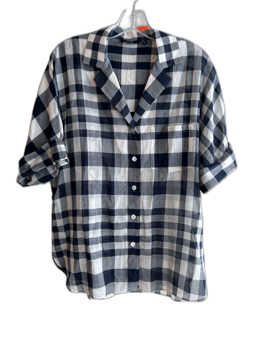 Theory Size S Gray & Ivory Cotton Collared Button Up Short Sleeve Plaid Top Gray & Ivory / S