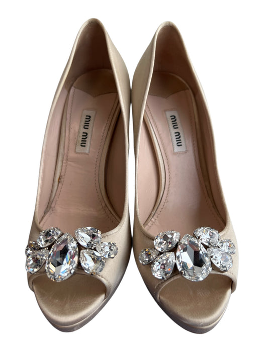 Miu Miu Shoe Size 37.5 Champagne Satin Peep Toe Rhinestone Stiletto Shoes Champagne / 37.5