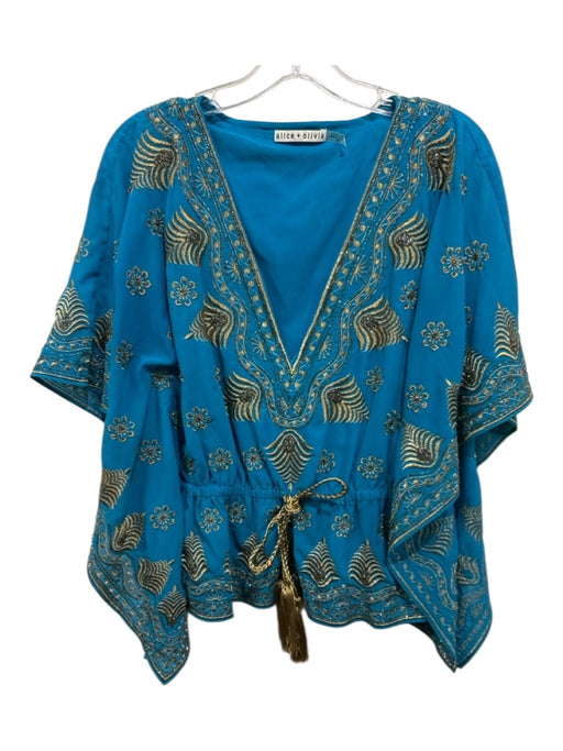 Alice + Olivia Size M Blue & Gold Polyester Beaded Embroidered Sleeveless Top Blue & Gold / M