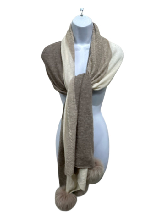 No Brand Ivory & Brown Wool & Cashmere Fox Fur Pom Pom Knit scarf Ivory & Brown / One Size