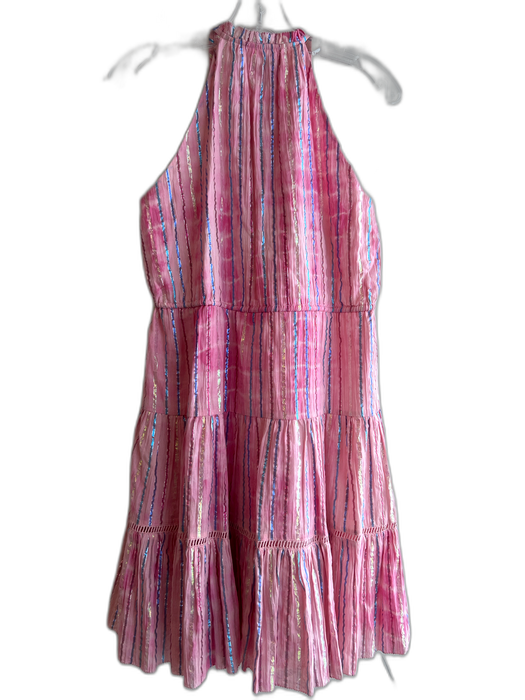 Saylor Size M Pink Cotton V Neck Sleeveless Tie Waist Stripe Dress Pink / M