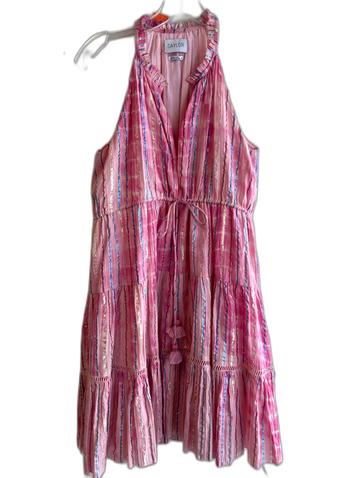 Saylor Size M Pink Cotton V Neck Sleeveless Tie Waist Stripe Dress Pink / M