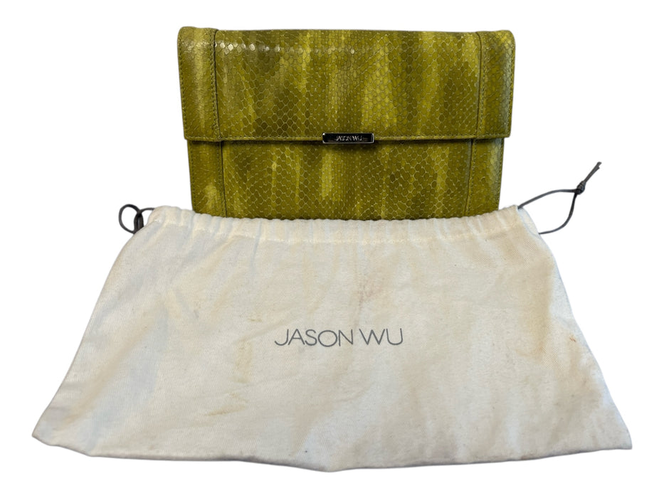 Jason Wu Lime Green Snakeskin Fold Over Snap Closure silver hardware Clutch Bag Lime Green / Small