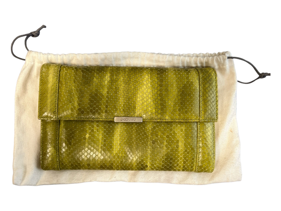 Jason Wu Lime Green Snakeskin Fold Over Snap Closure silver hardware Clutch Bag Lime Green / Small