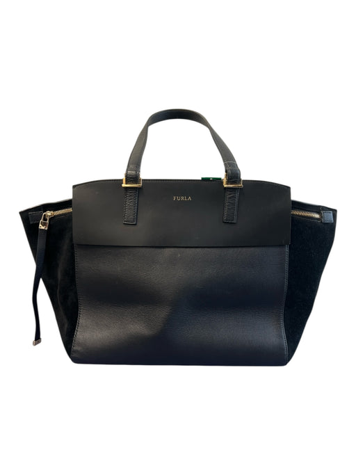 Furla Black Leather & Suede Single Strap Gold Hardware Top Zip Bag Black / Large