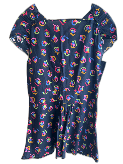 Prada Size 40 Navy & Multi Cotton Abstract Print Cap Sleeve Square Neck Dress Navy & Multi / 40