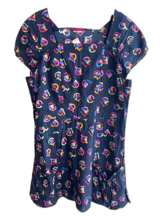 Prada Size 40 Navy & Multi Cotton Abstract Print Cap Sleeve Square Neck Dress Navy & Multi / 40