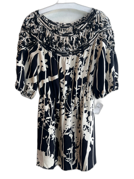 3.1 Phillip Lim Size 8 Cream & Black Silk Abstract Floral Stretch Waist Dress Cream & Black / 8